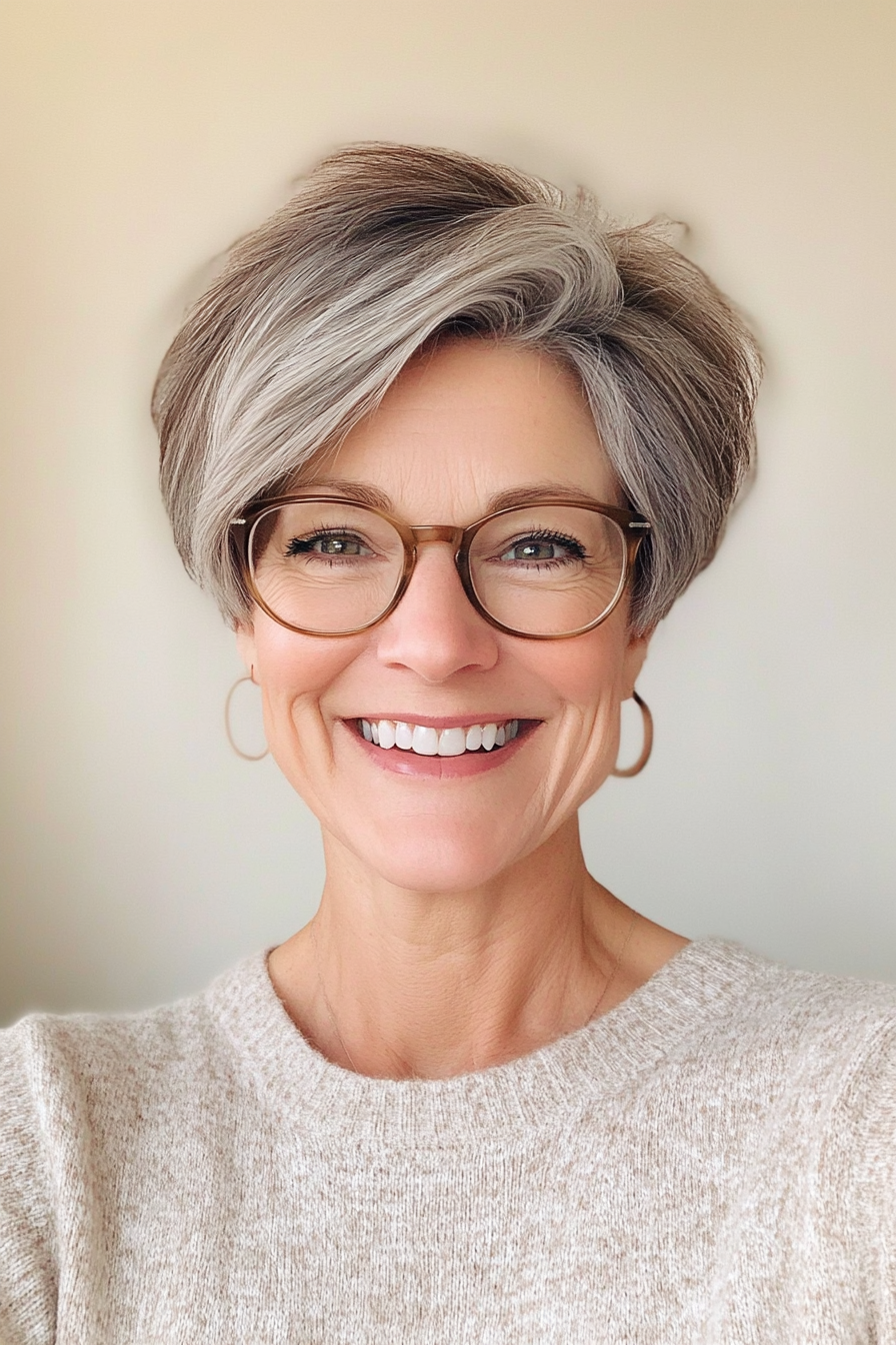 24. Brown-Gray Pixie with Flirty Layers (Pixie Haircuts For Older Women With Glasses) - Pixie Haircuts For Older Women With Glasses