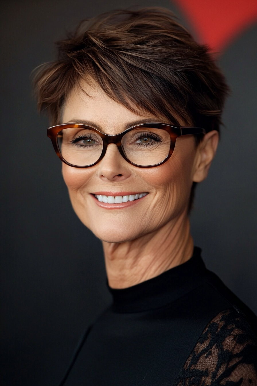 25. Rich Chocolate Pixie with Side Layers (Pixie Haircuts For Older Women With Glasses) - Pixie Haircuts For Older Women With Glasses