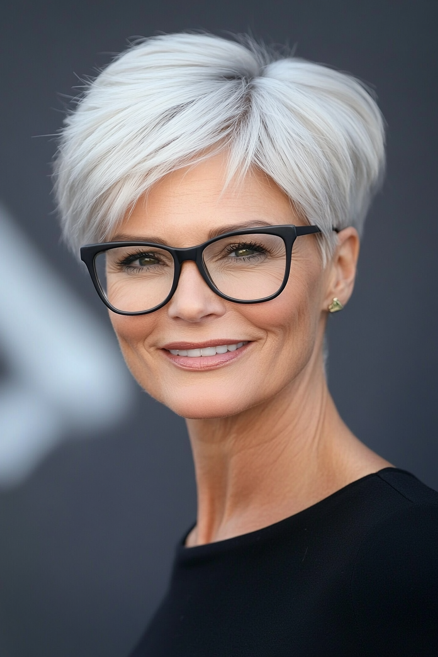 26. Cool Platinum Pixie with Short Layers (Pixie Haircuts For Older Women With Glasses) - Pixie Haircuts For Older Women With Glasses