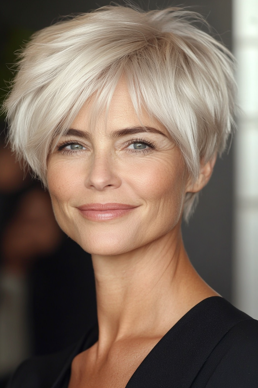 1. Classic Layered Pixie in Platinum Blonde (Short Hairstyles For Women Over 50 With Thick Hair) - Short Hairstyles For Women Over 50 With Thick Hair