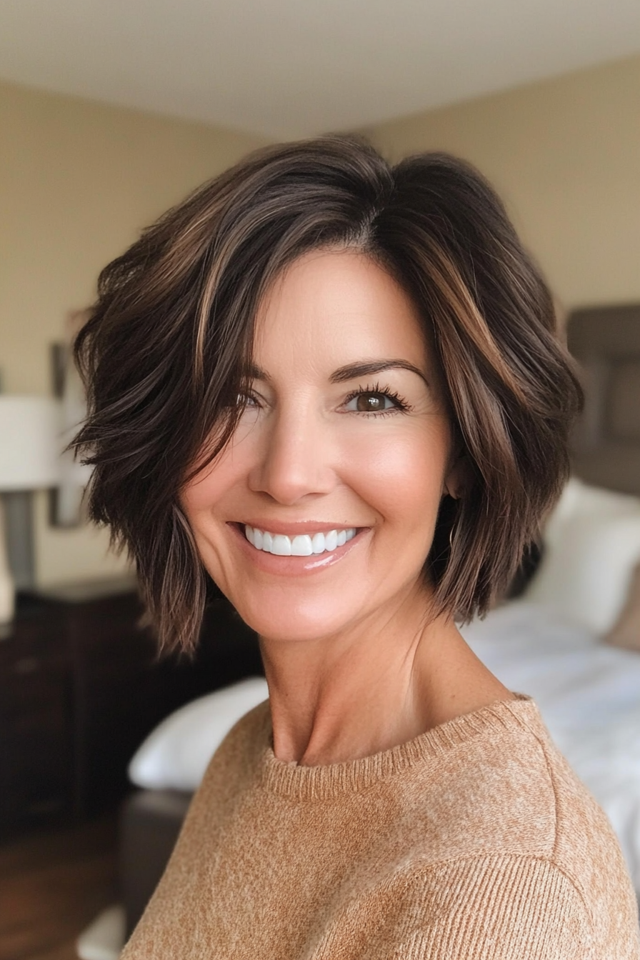 2. Textured Bob with Dark Brown Roots (Short Hairstyles For Women Over 50 With Thick Hair) - Short Hairstyles For Women Over 50 With Thick Hair
