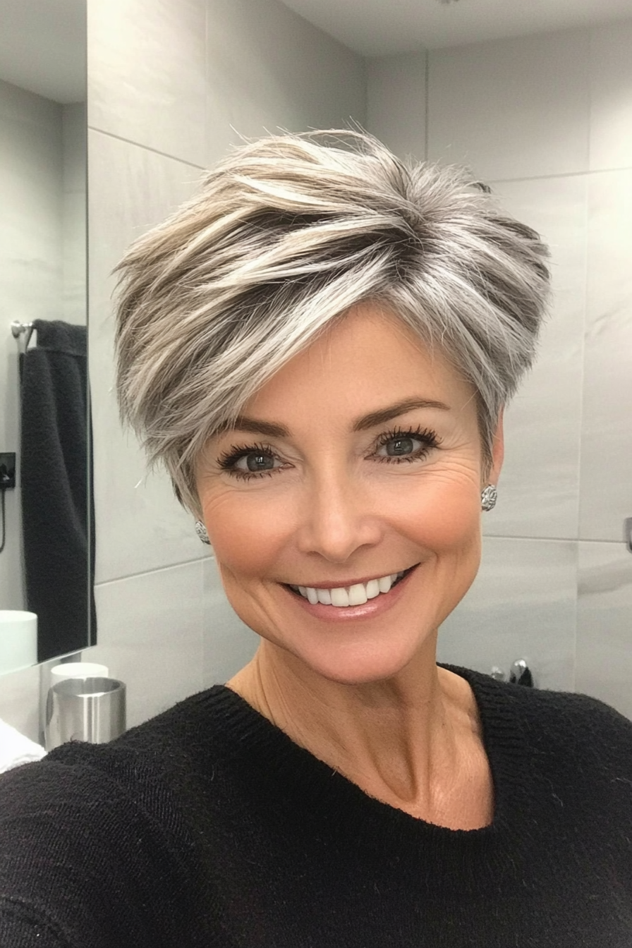 4. Feathered Pixie with Silver Highlights (Short Hairstyles For Women Over 50 With Thick Hair) - Short Hairstyles For Women Over 50 With Thick Hair
