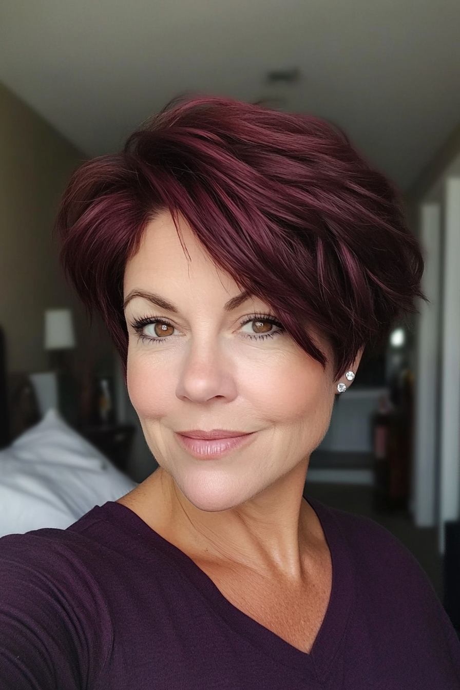 5. Choppy Crop in Deep Burgundy (Short Hairstyles For Women Over 50 With Thick Hair) - Short Hairstyles For Women Over 50 With Thick Hair