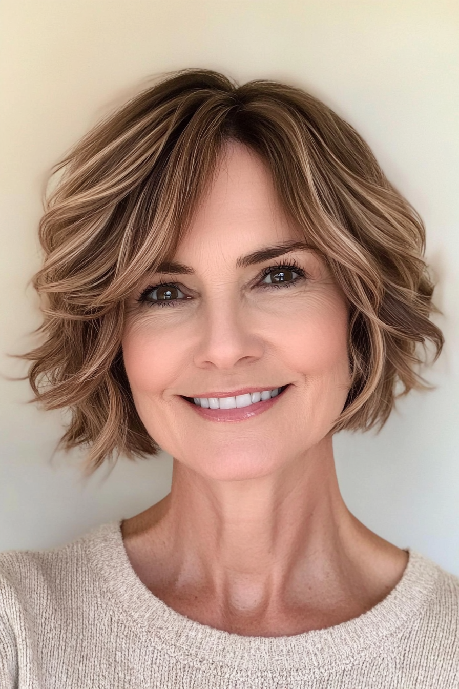 6. Textured Bob with Honey Brown Highlights (Short Hairstyles For Women Over 50 With Thick Hair) - Short Hairstyles For Women Over 50 With Thick Hair