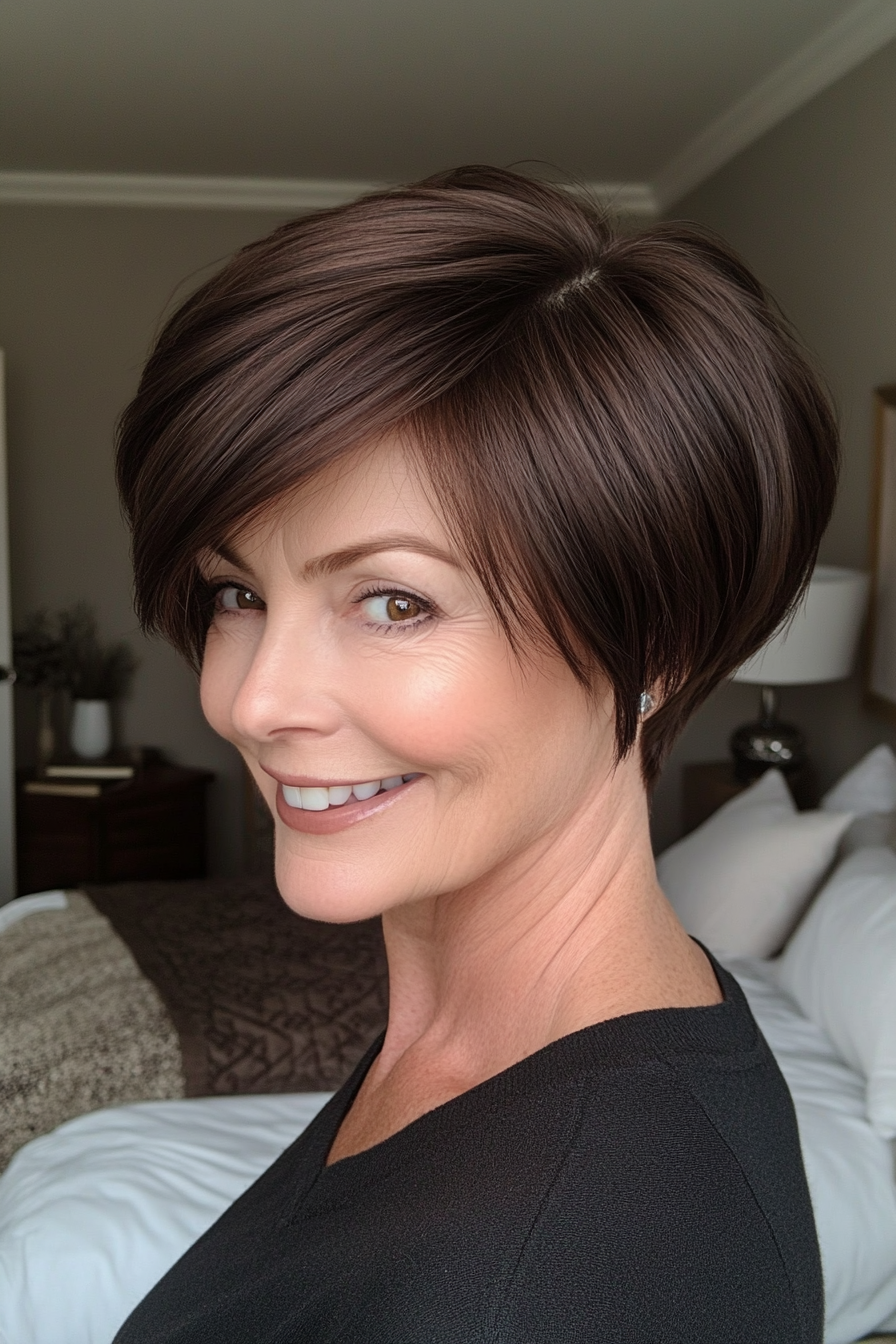 11. Side-Parted Pixie in Dark Chocolate (Short Hairstyles For Women Over 50 With Thick Hair) - Short Hairstyles For Women Over 50 With Thick Hair