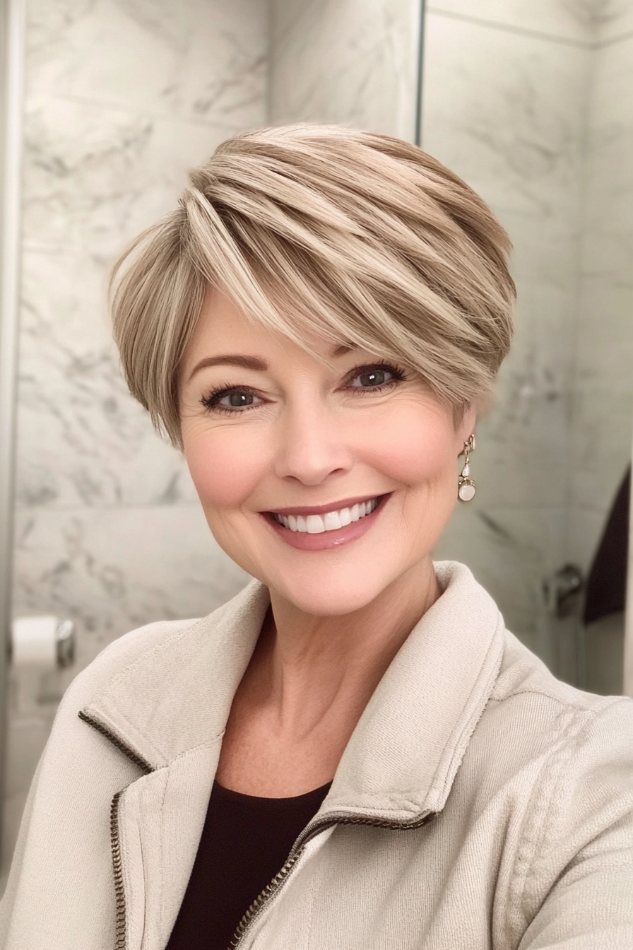 15. Layered Pixie in Soft Beige Blonde (Short Hairstyles For Women Over 50 With Thick Hair) - Short Hairstyles For Women Over 50 With Thick Hair