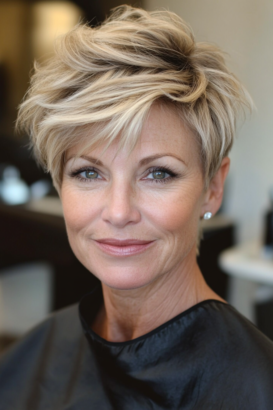 18. Asymmetrical Pixie in Sandy Blonde (Short Hairstyles For Women Over 50 With Thick Hair) - Short Hairstyles For Women Over 50 With Thick Hair