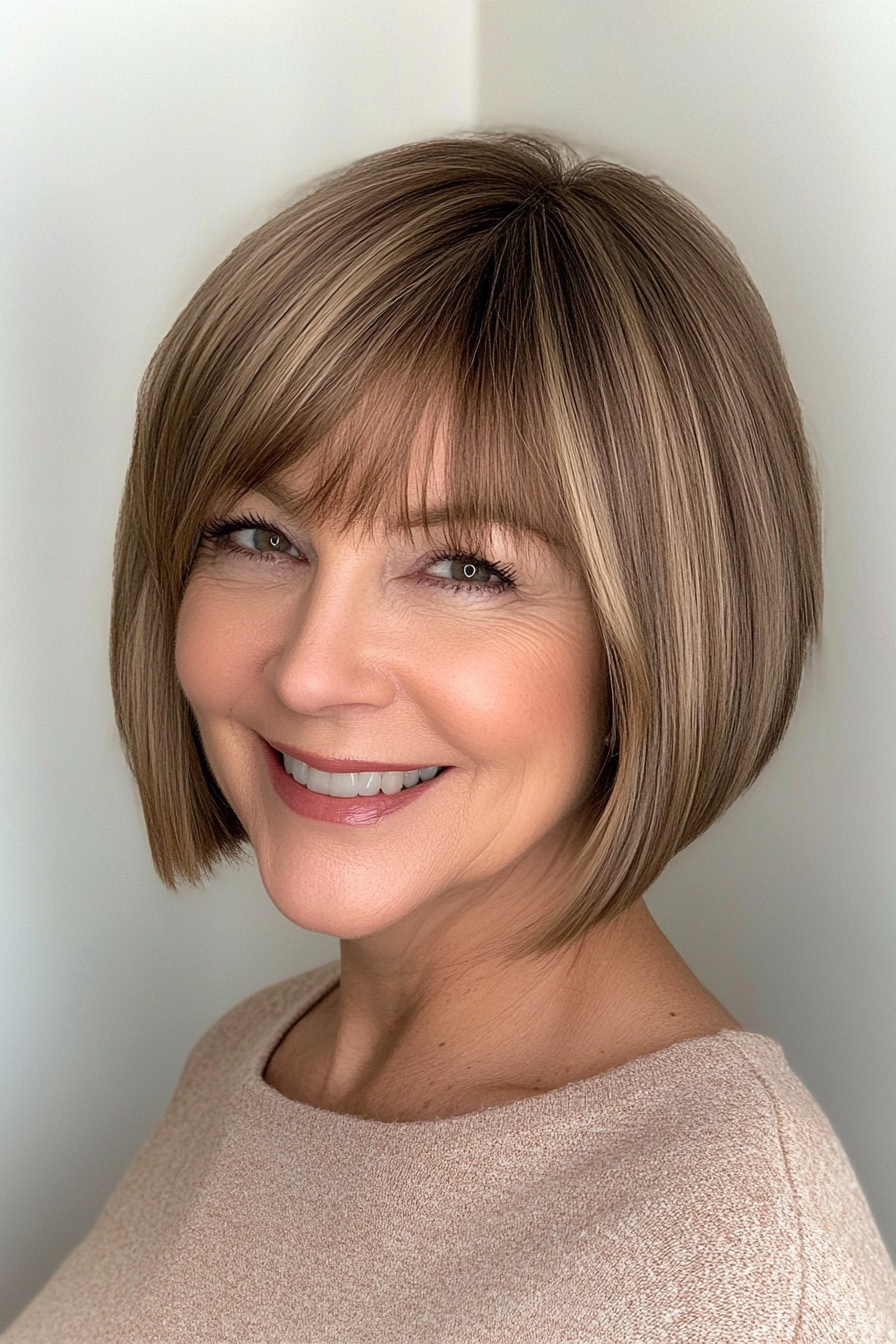 20. Bob with Side-Swept Bangs in Light Brown (Short Hairstyles For Women Over 50 With Thick Hair) - Short Hairstyles For Women Over 50 With Thick Hair