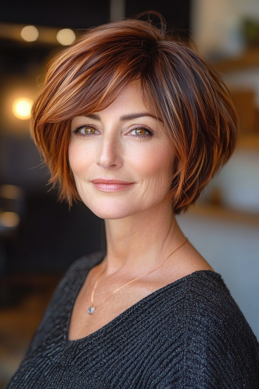 21. Layered Crop with Copper Streaks (Short Hairstyles For Women Over 50 With Thick Hair) - Short Hairstyles For Women Over 50 With Thick Hair
