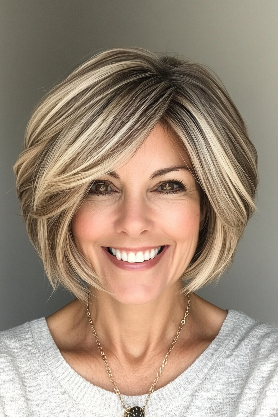 24. Stacked Bob with Blonde Balayage (Short Hairstyles For Women Over 50 With Thick Hair) - Short Hairstyles For Women Over 50 With Thick Hair