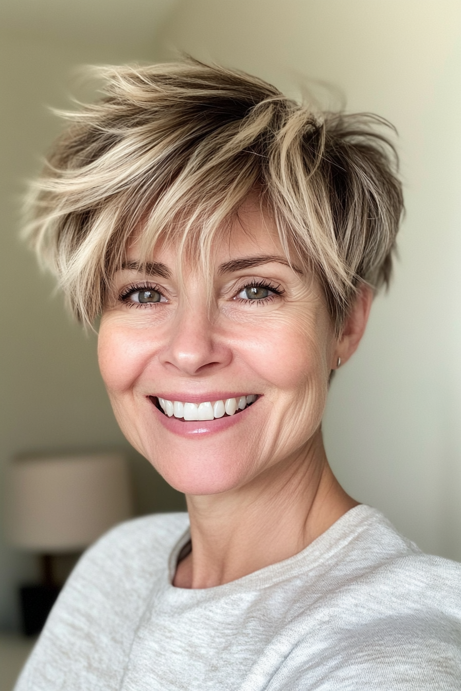 26. Choppy Pixie with Blonde Highlights (Short Hairstyles For Women Over 50 With Thick Hair) - Short Hairstyles For Women Over 50 With Thick Hair