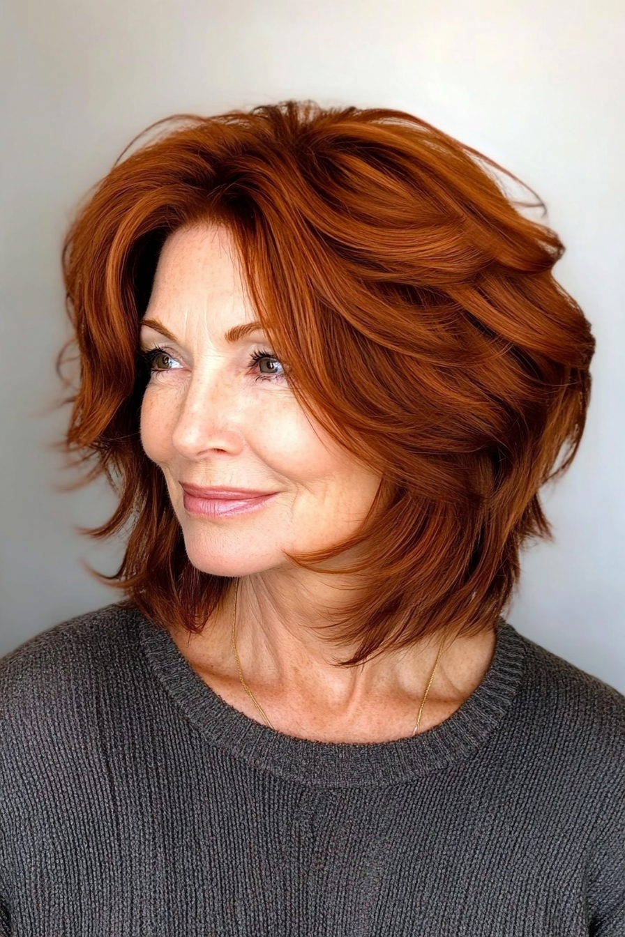 2. Chin-Length Shag with Auburn (Hairstyles For Older Women With Thick Hair) - Hairstyles For Older Women With Thick Hair