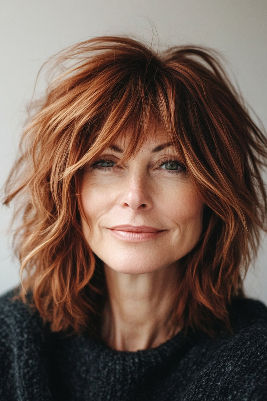 7. Shaggy Layers with Copper (Hairstyles For Older Women With Thick Hair) - Hairstyles For Older Women With Thick Hair