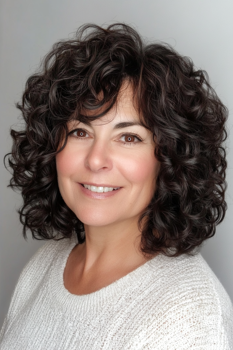 10. Curly Lob with Dark Brown (Hairstyles For Older Women With Thick Hair) - Hairstyles For Older Women With Thick Hair