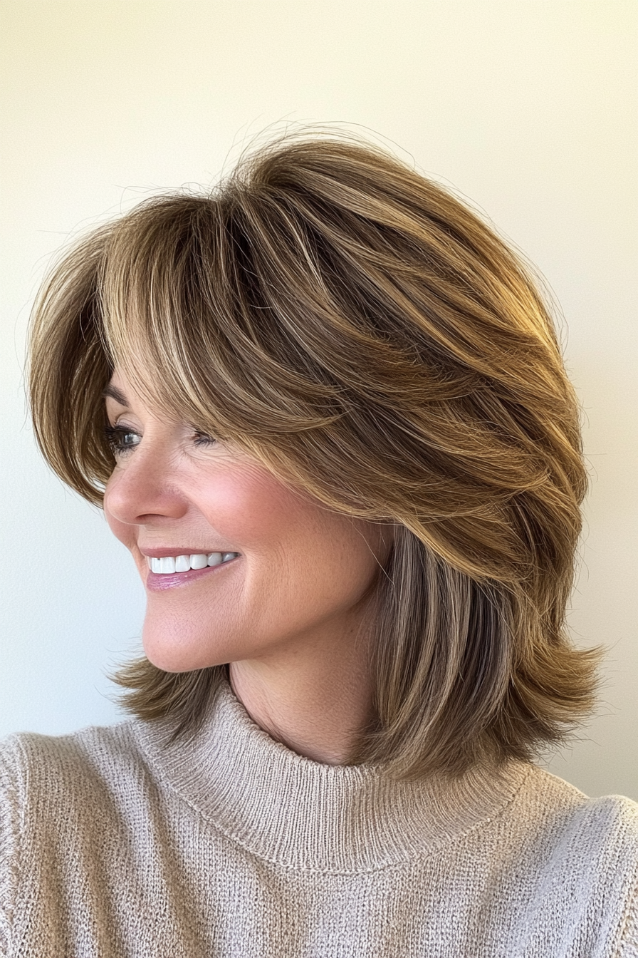 11. Layered Shag with Golden (Hairstyles For Older Women With Thick Hair) - Hairstyles For Older Women With Thick Hair
