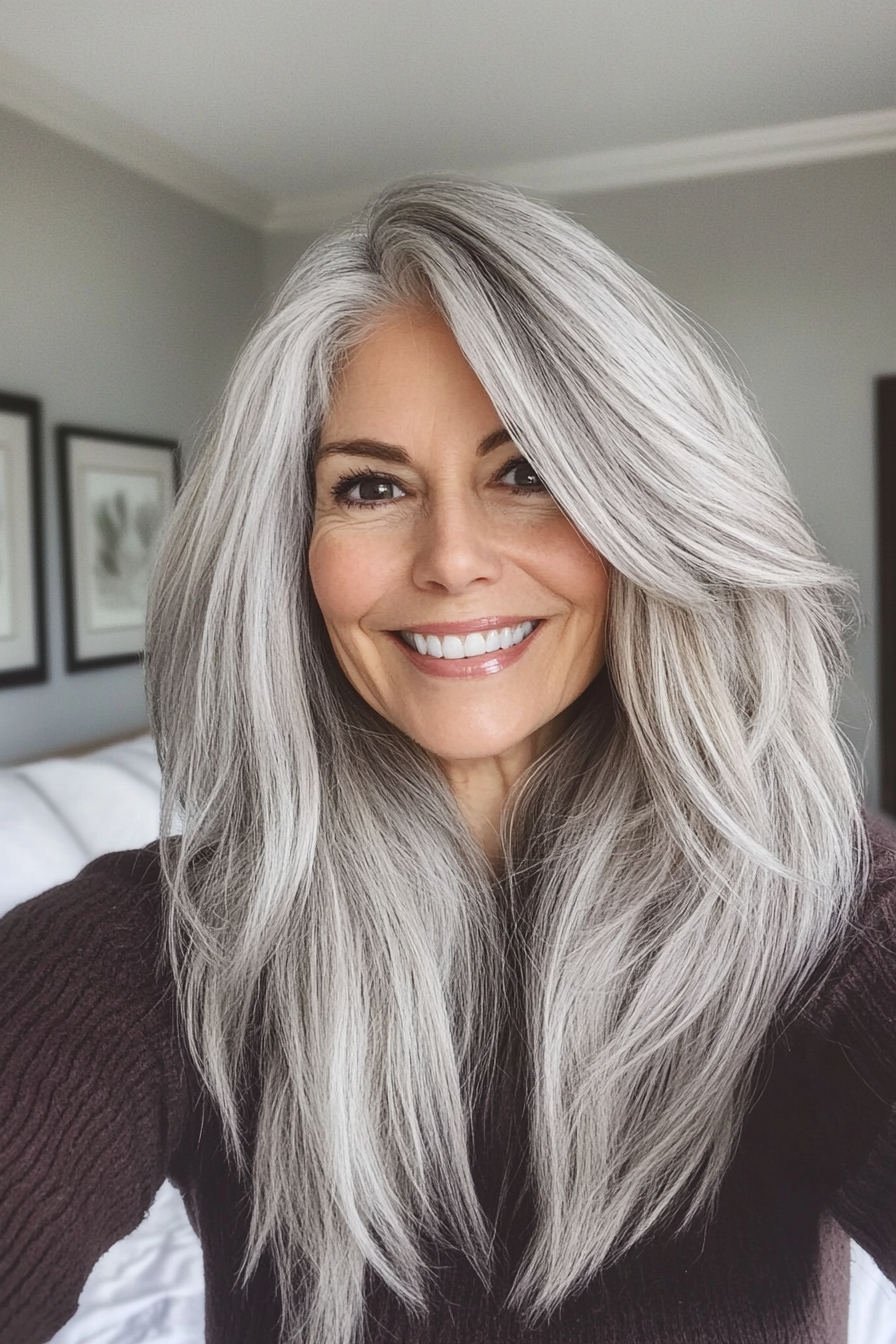 16. Textured Shag with Silver Highlights (Hairstyles For Older Women With Thick Hair) - Hairstyles For Older Women With Thick Hair