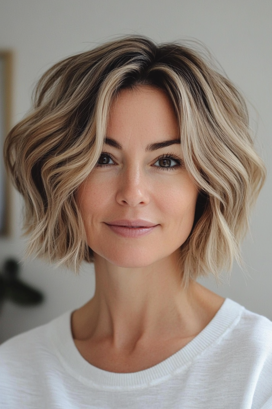 1. Textured Bob with Blonde Highlights (Short Wavy Hairstyles For Women Over 50) - Short Wavy Hairstyles For Women Over 50