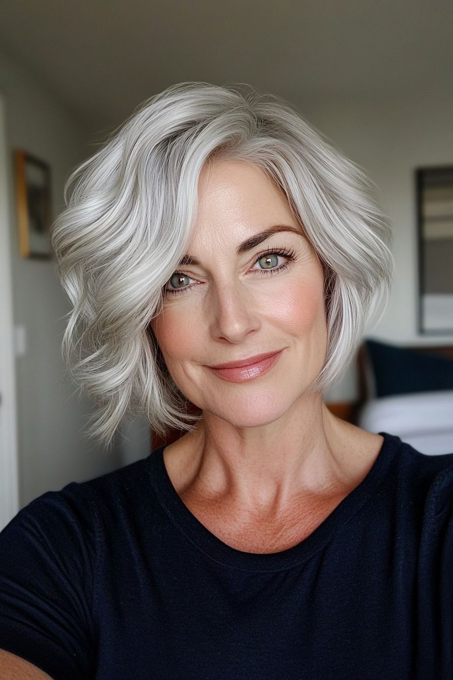 2. Silver Waves with Side Part (Short Wavy Hairstyles For Women Over 50) - Short Wavy Hairstyles For Women Over 50