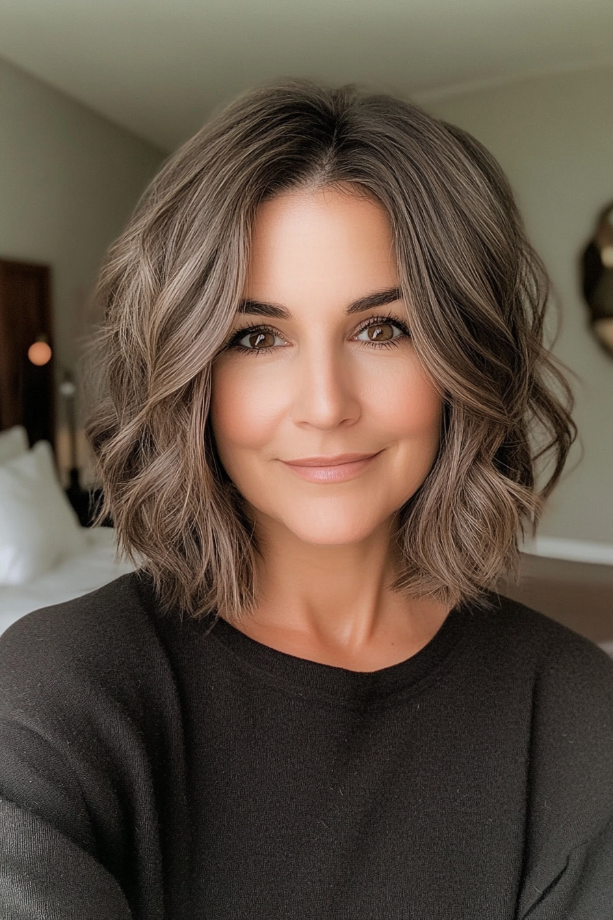3. Ash Brown Wavy Lob (Short Wavy Hairstyles For Women Over 50) - Short Wavy Hairstyles For Women Over 50