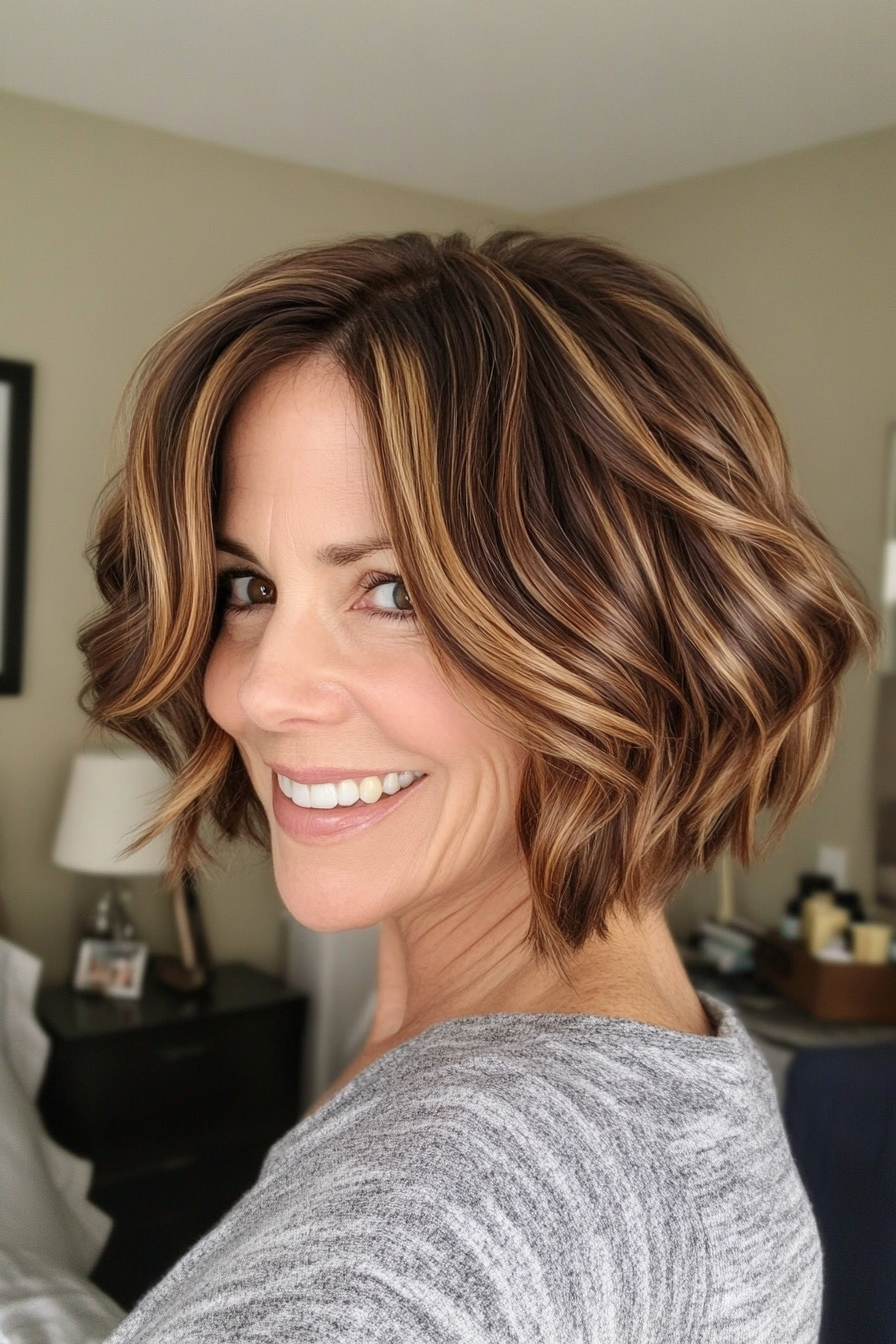 6. Caramel Brown Wavy Crop (Short Wavy Hairstyles For Women Over 50) - Short Wavy Hairstyles For Women Over 50