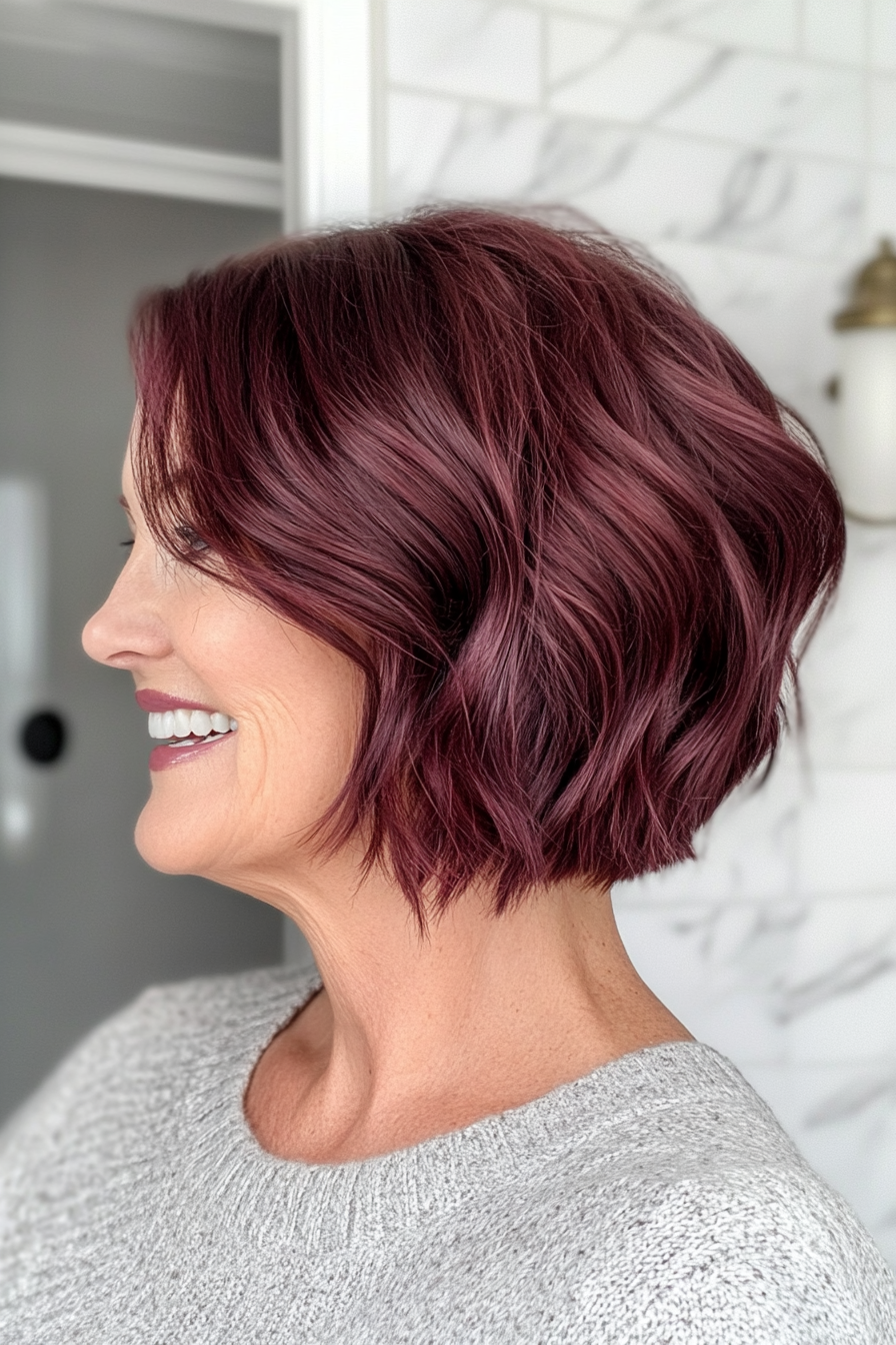 7. Deep Burgundy Wavy Bob (Short Wavy Hairstyles For Women Over 50) - Short Wavy Hairstyles For Women Over 50
