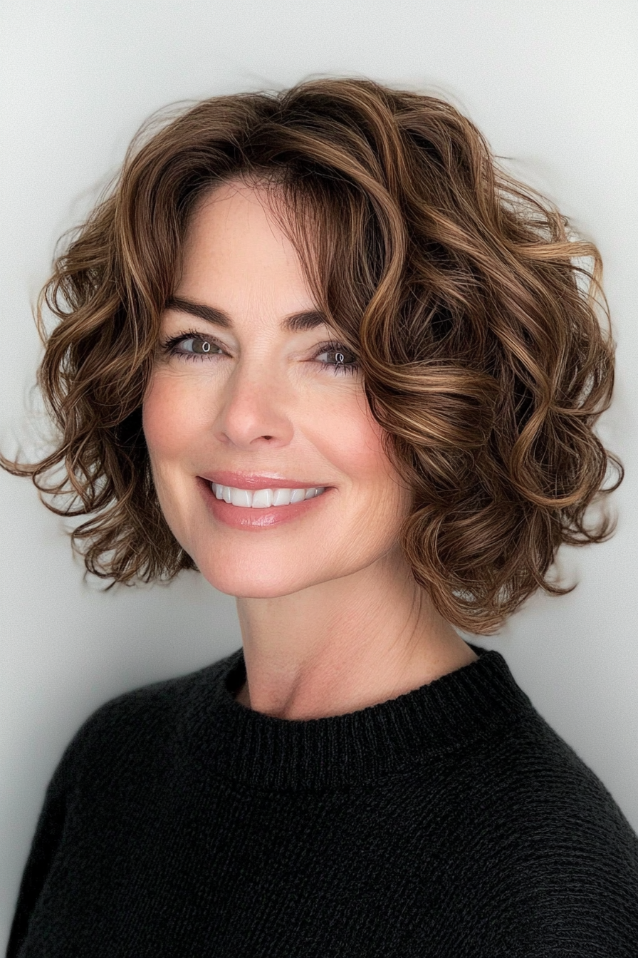 8. Chestnut Brown Curly Bob (Short Wavy Hairstyles For Women Over 50) - Short Wavy Hairstyles For Women Over 50