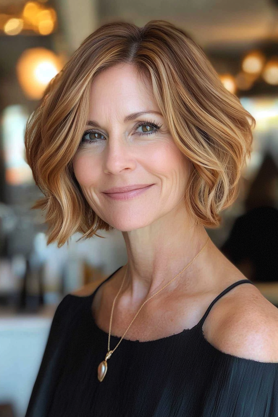 12. Soft Caramel Bob with Waves (Short Wavy Hairstyles For Women Over 50) - Short Wavy Hairstyles For Women Over 50