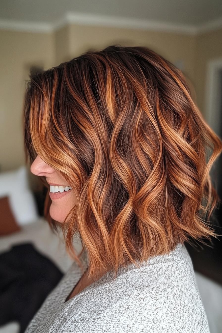 13. Mid-Length Auburn Wavy Lob (Short Wavy Hairstyles For Women Over 50) - Short Wavy Hairstyles For Women Over 50