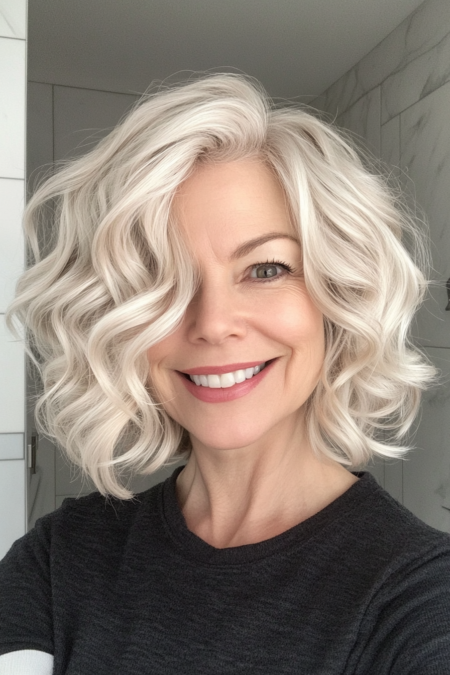 15. Platinum Blonde Curly Lob (Short Wavy Hairstyles For Women Over 50) - Short Wavy Hairstyles For Women Over 50