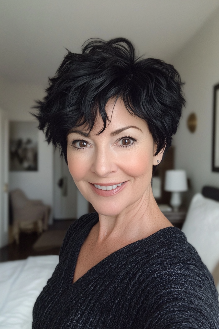 18. Deep Black Textured Pixie (Short Wavy Hairstyles For Women Over 50) - Short Wavy Hairstyles For Women Over 50