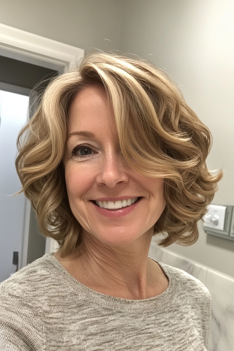 19. Caramel Blonde Wavy Lob (Short Wavy Hairstyles For Women Over 50) - Short Wavy Hairstyles For Women Over 50