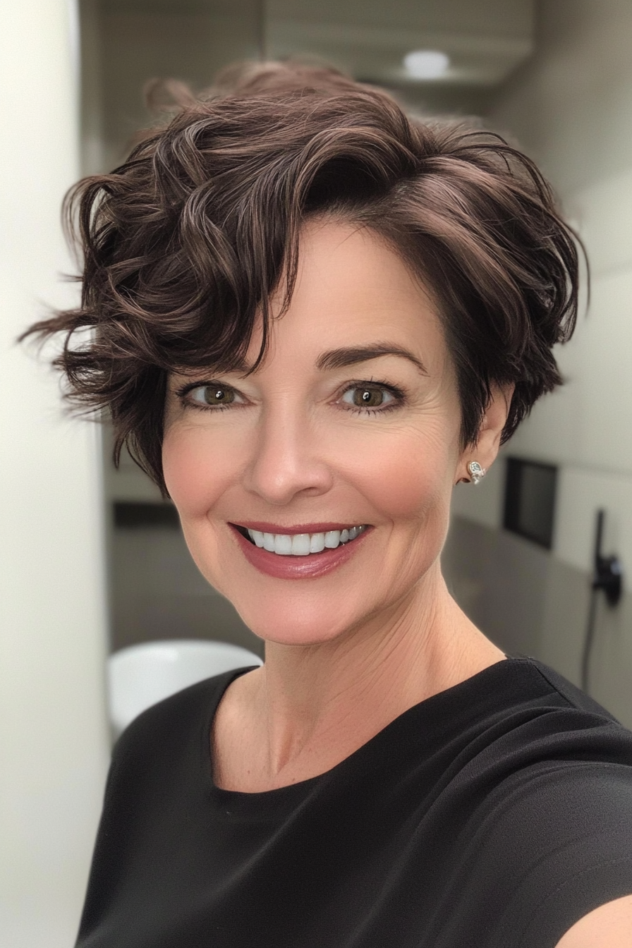 20. Dark Chocolate Wavy Pixie Cut (Short Wavy Hairstyles For Women Over 50) - Short Wavy Hairstyles For Women Over 50