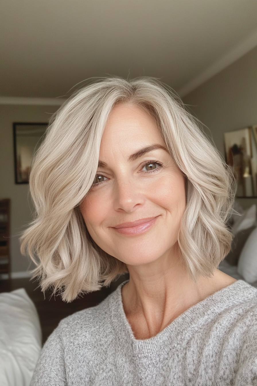 22. Soft Ash Blonde Bob with Waves (Short Wavy Hairstyles For Women Over 50) - Short Wavy Hairstyles For Women Over 50
