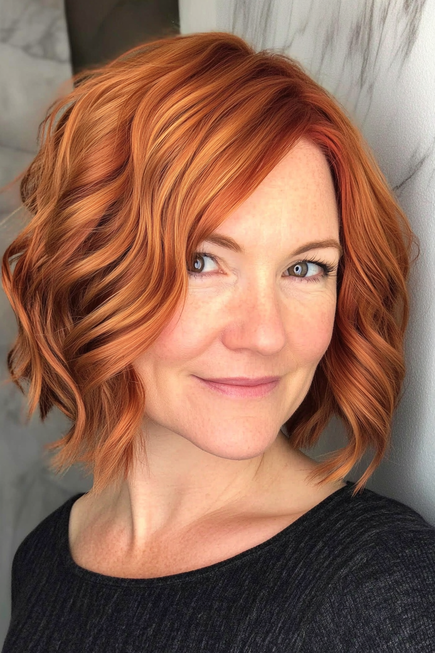 24. Copper Red Wavy Bob (Short Wavy Hairstyles For Women Over 50) - Short Wavy Hairstyles For Women Over 50