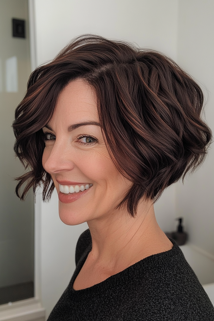 26. Rich Mahogany Wavy Pixie (Short Wavy Hairstyles For Women Over 50) - Short Wavy Hairstyles For Women Over 50