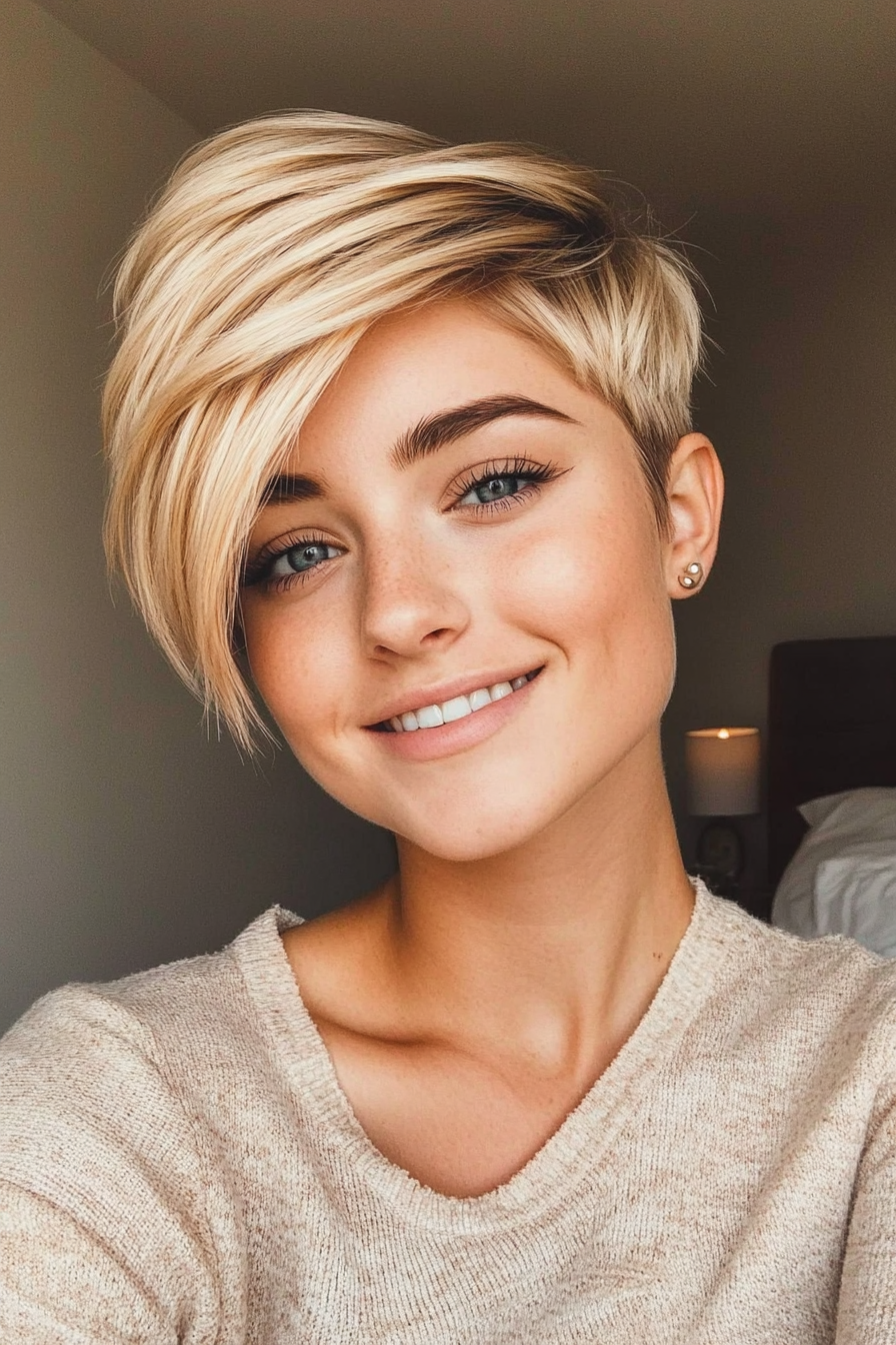 16. Warm Blonde Pixie with Side Part (Short Blonde Haircuts For Fine Hair) - Short Blonde Haircuts For Fine Hair