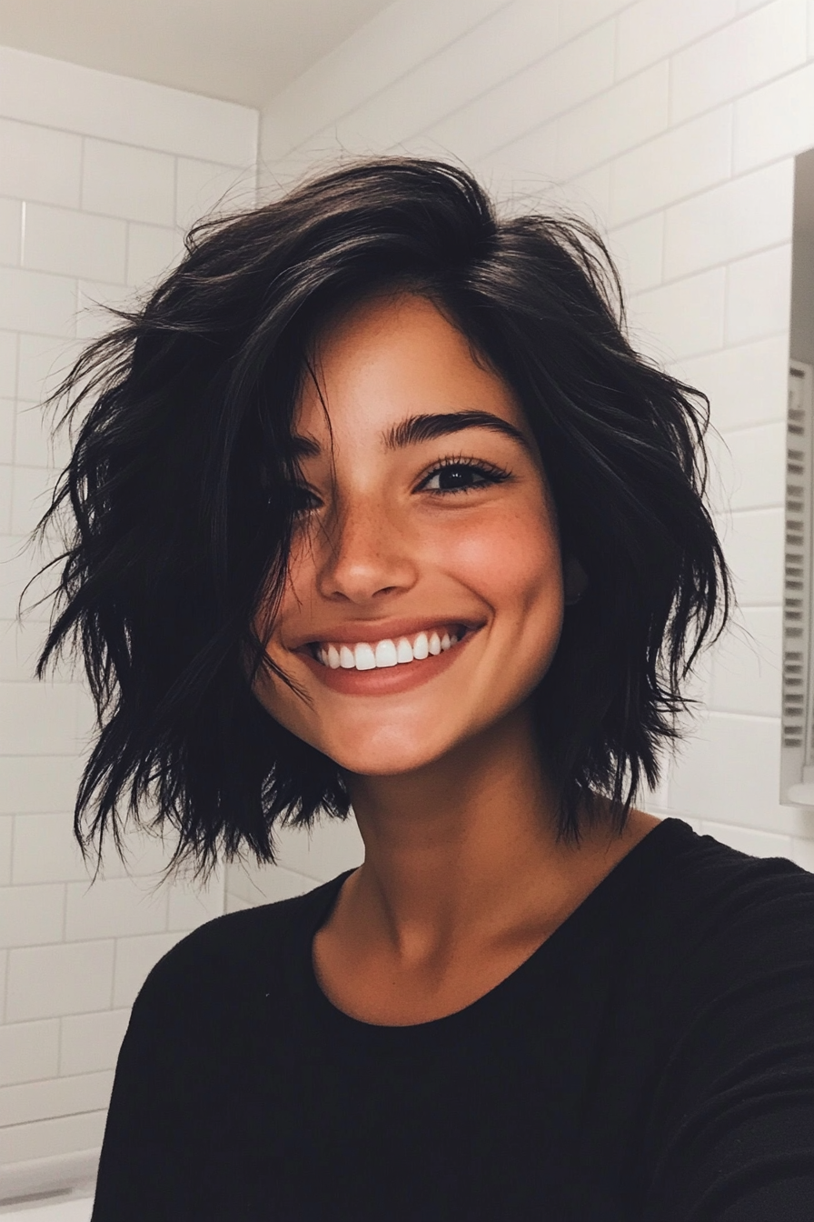 17. Messy Textured Lob (Rich Black) (Classy Short Haircuts For Women) - Classy Short Haircuts For Women