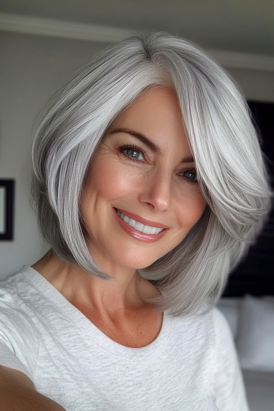 1. Soft Silver Bob with Layers (Gray Hairstyles For Older Women) - Gray Hairstyles For Older Women