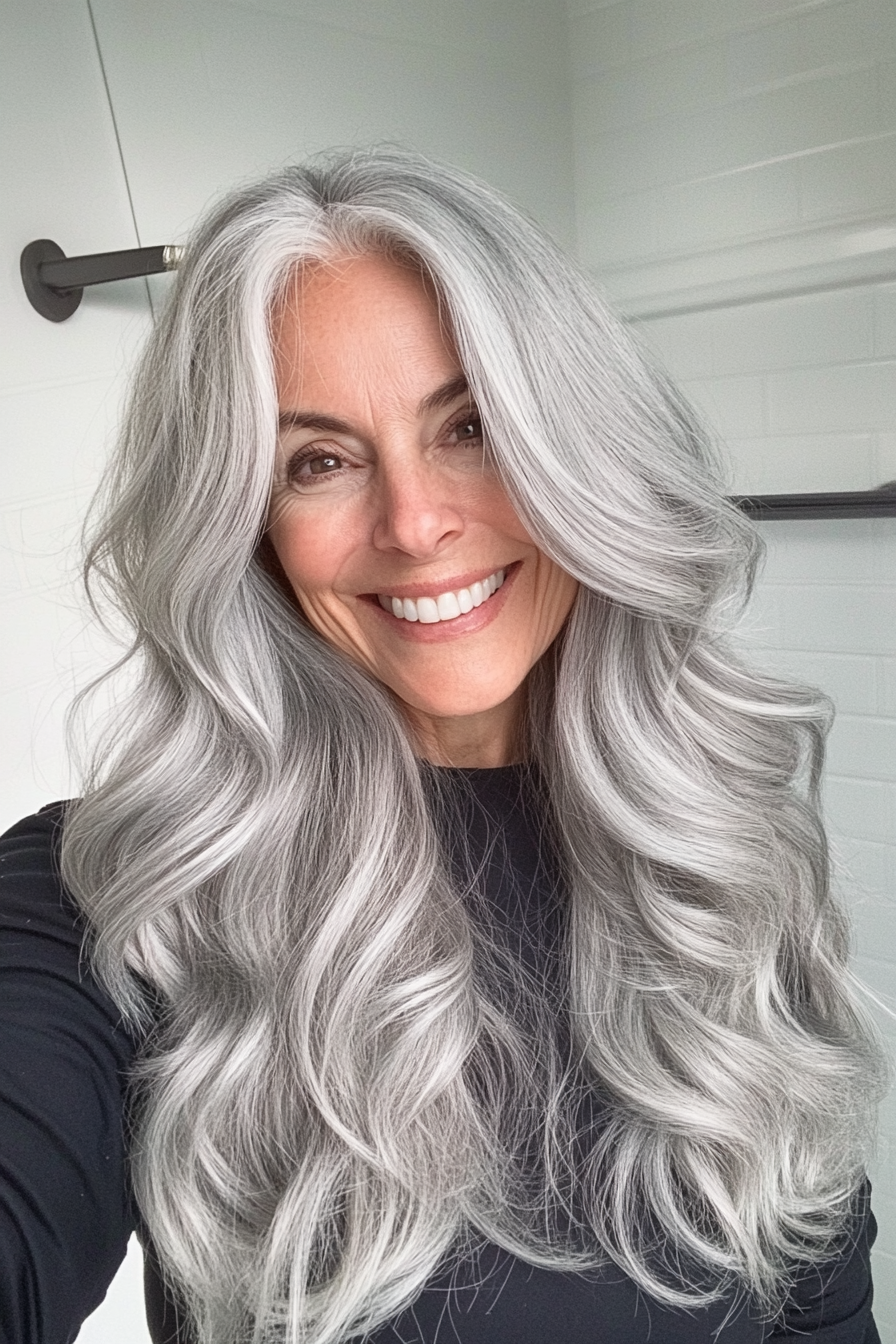 3. Long Gray Waves (Gray Hairstyles For Older Women) - Gray Hairstyles For Older Women