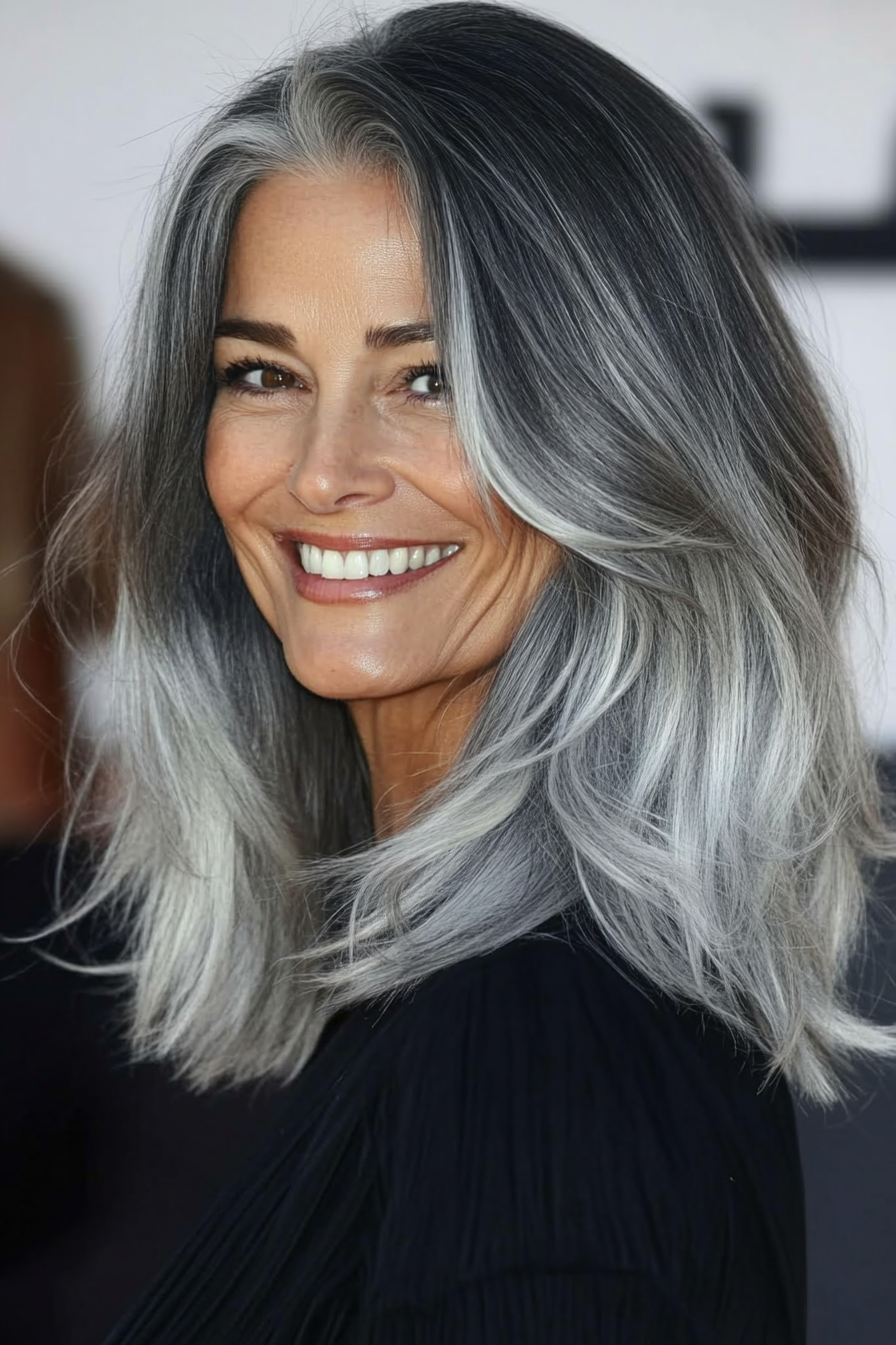 4. Gray Ombre Lob (Gray Hairstyles For Older Women) - Gray Hairstyles For Older Women