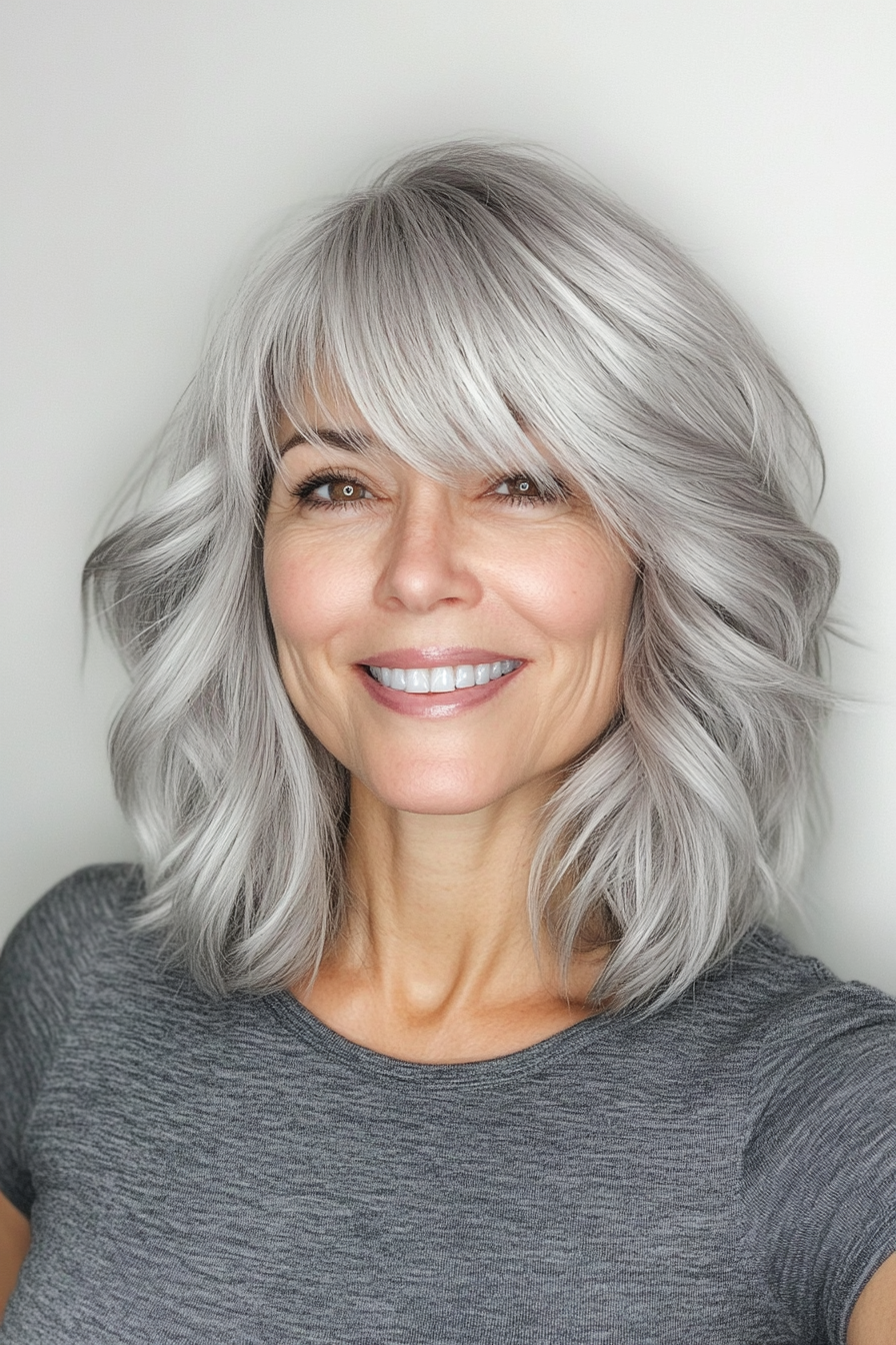 5. Silver Shag with Bangs (Gray Hairstyles For Older Women) - Gray Hairstyles For Older Women