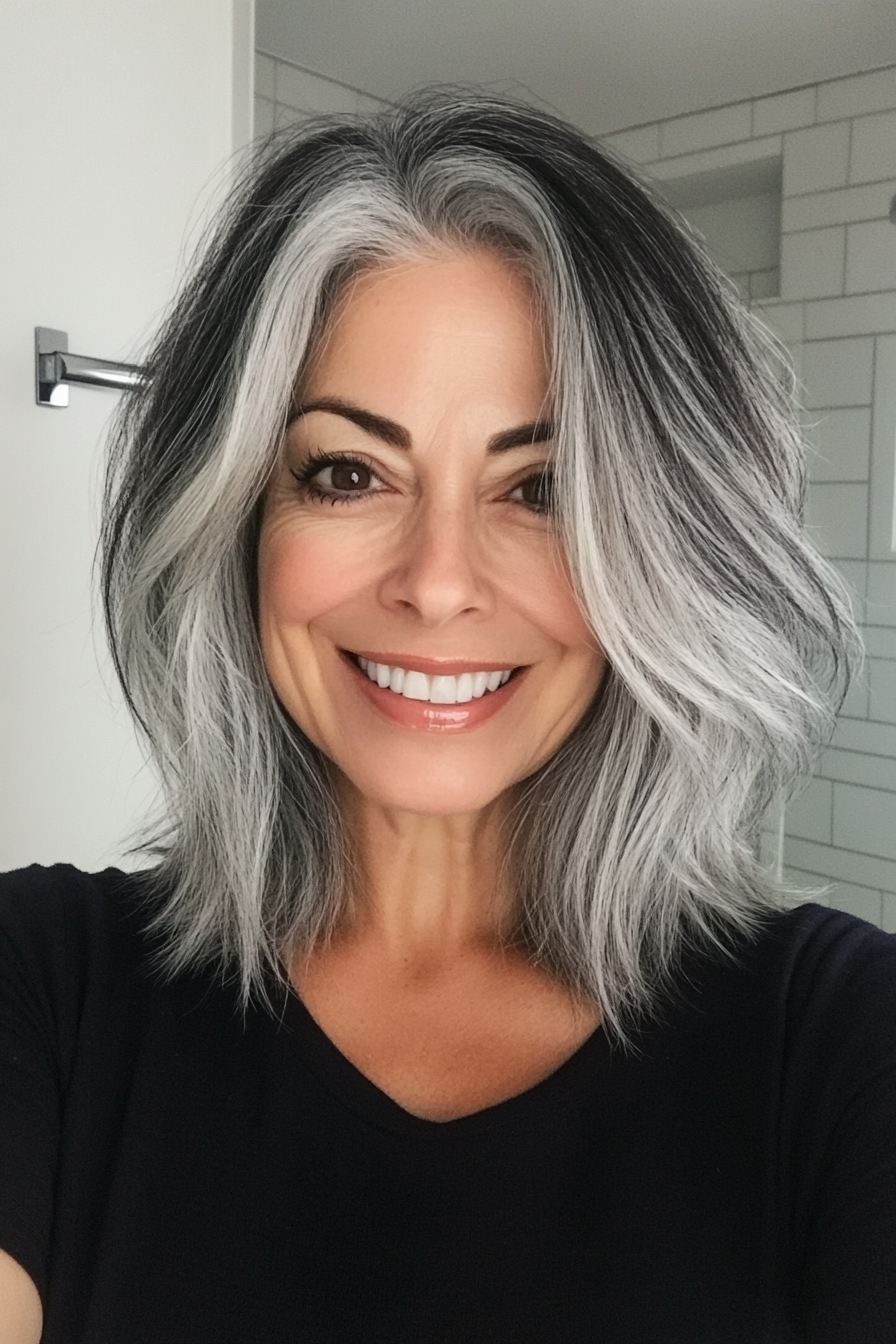 6. Salt and Pepper Layered Bob (Gray Hairstyles For Older Women) - Gray Hairstyles For Older Women