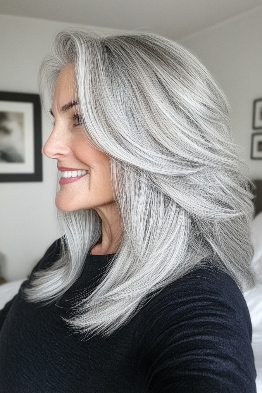 7. Silver Stacked Layers (Gray Hairstyles For Older Women) - Gray Hairstyles For Older Women