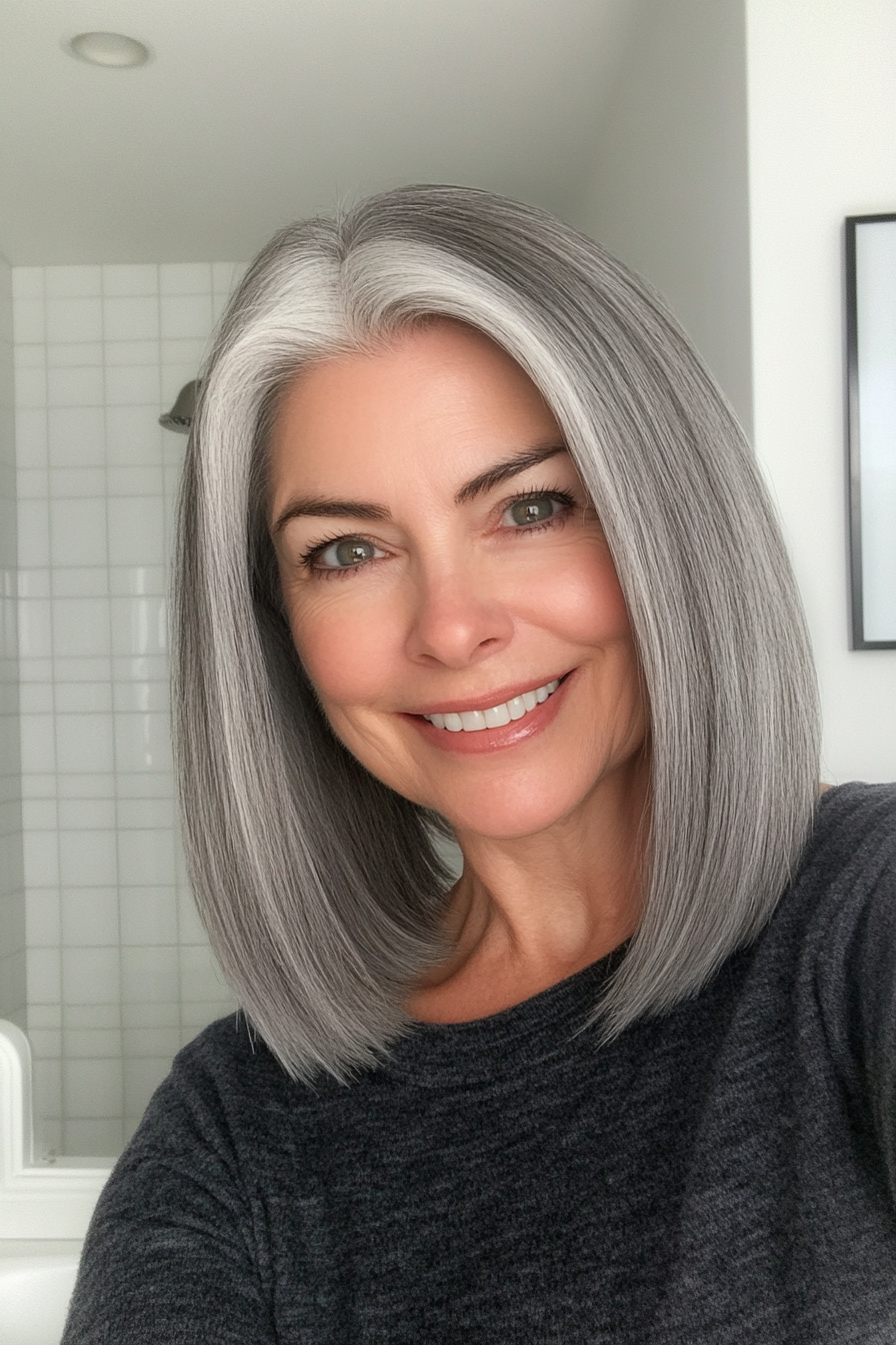 9. Gray Shoulder-Length Blunt Cut (Gray Hairstyles For Older Women) - Gray Hairstyles For Older Women