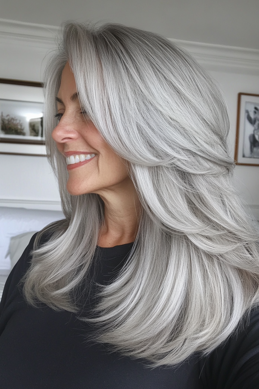 11. Silver Long Layers with Side Part (Gray Hairstyles For Older Women) - Gray Hairstyles For Older Women