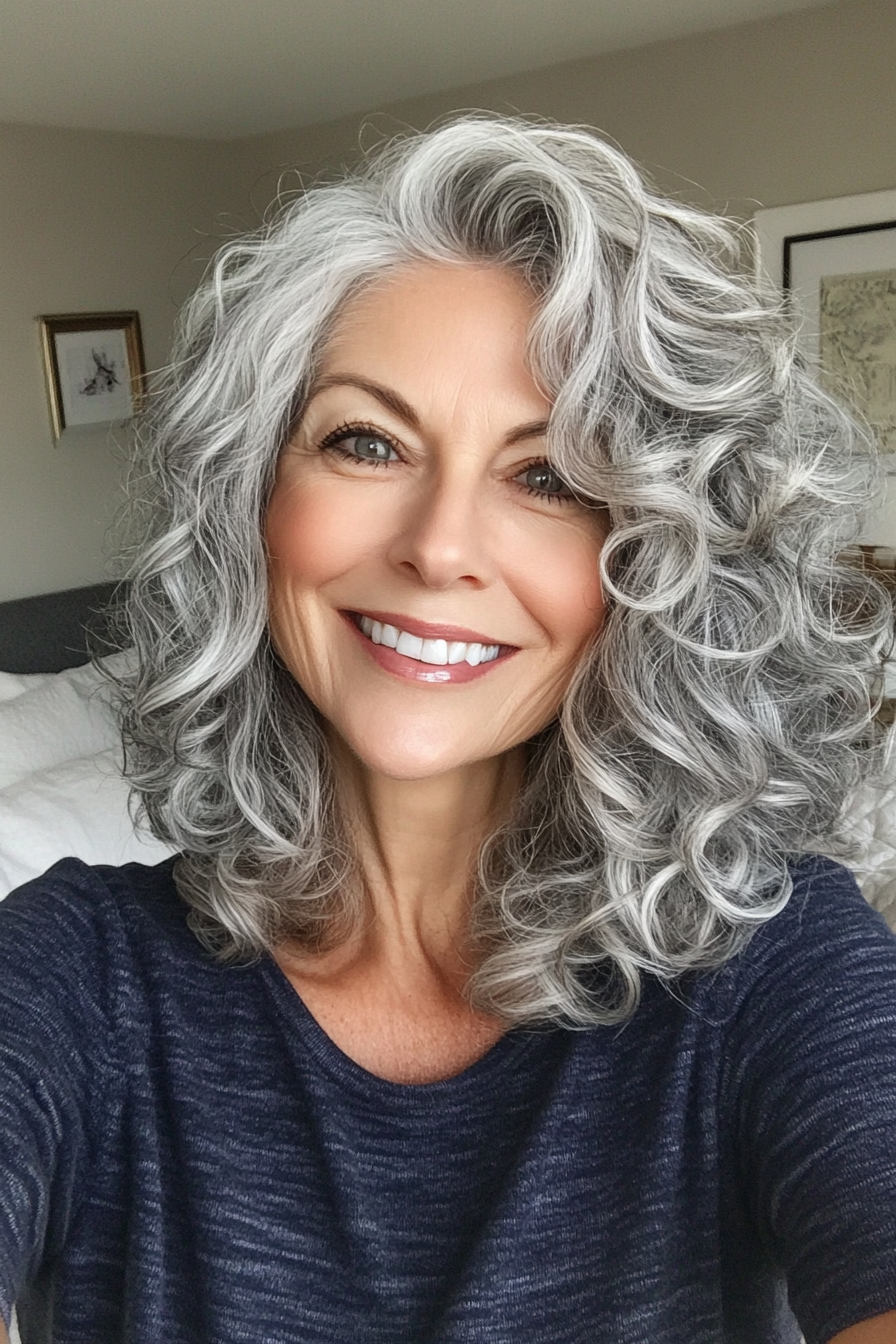 12. Gray Curly Bob with Highlights (Gray Hairstyles For Older Women) - Gray Hairstyles For Older Women