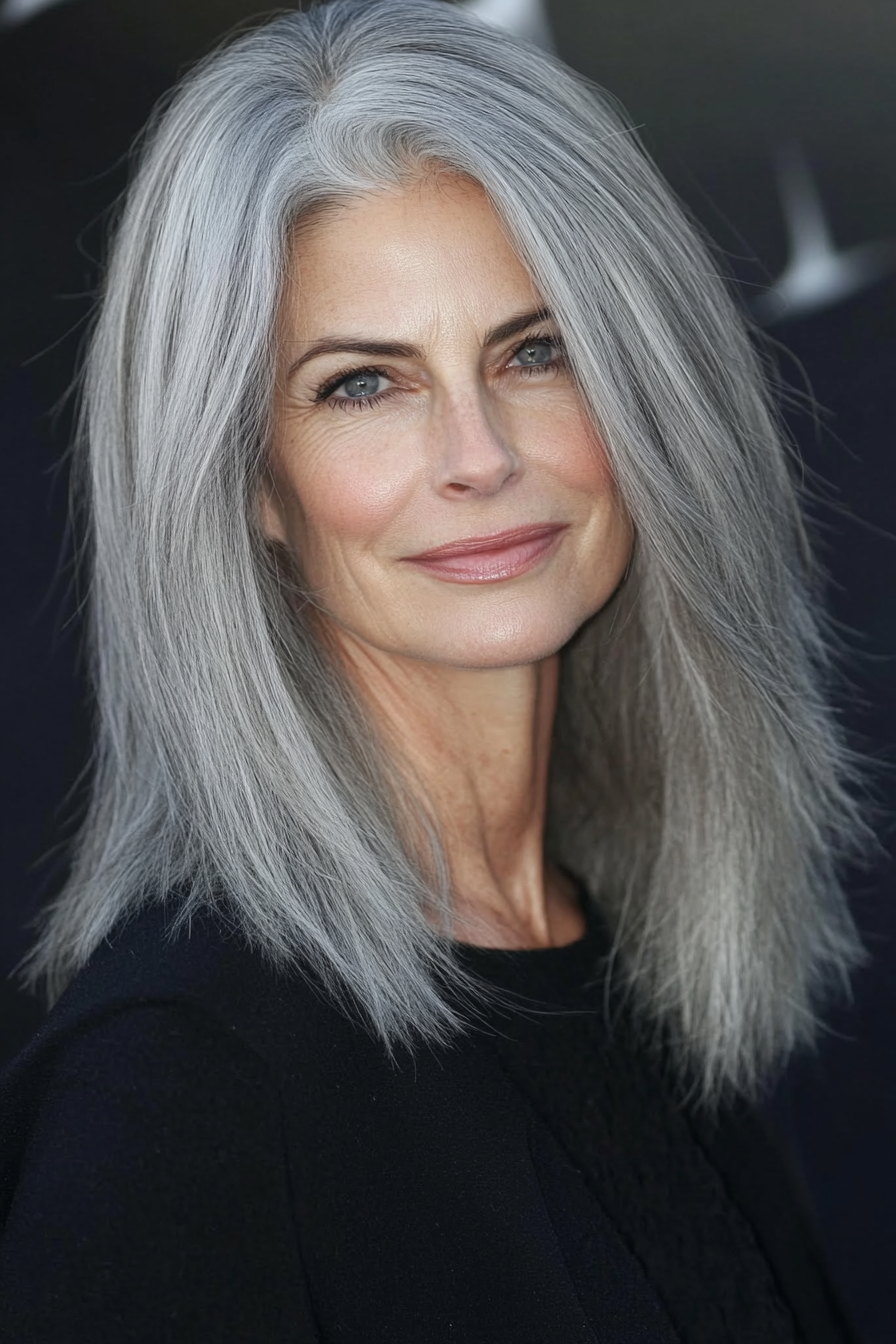 14. Gray Straight Cut with Layers (Gray Hairstyles For Older Women) - Gray Hairstyles For Older Women