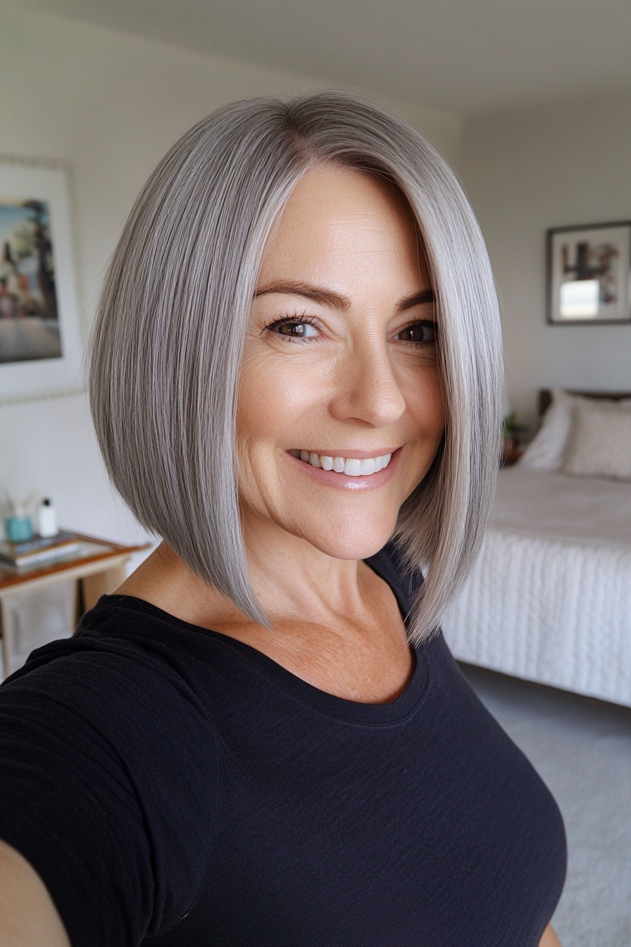 15. Sleek Gray Blunt Bob (Gray Hairstyles For Older Women) - Gray Hairstyles For Older Women