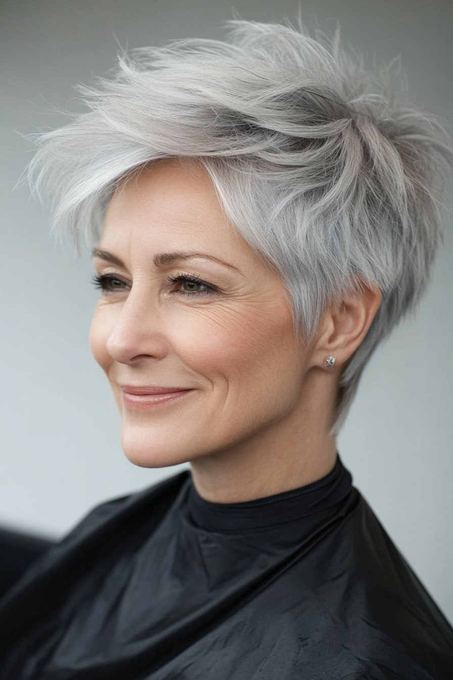 16. Gray Pixie with Textured Layers (Gray Hairstyles For Older Women) - Gray Hairstyles For Older Women