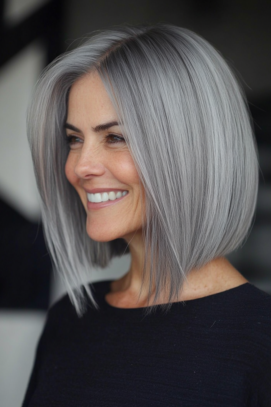 17. Asymmetrical Silver Bob (Gray Hairstyles For Older Women) - Gray Hairstyles For Older Women